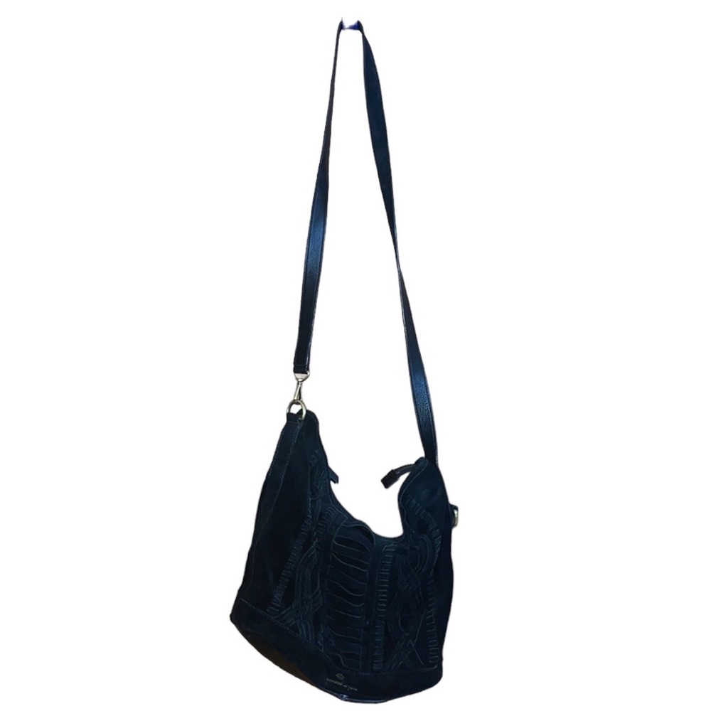 •NANETTE LEPORE•BLACK BOHO 100% GENUINE LEATHER CROSSBODY BAG.EUC GOLD HARDWARE